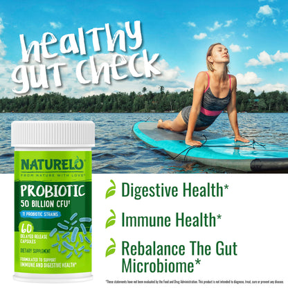 NATURELO Probiotics for Digestive Health - 50 Billion CFU, 11 Strains, Daily Use Supplement - Boosts Immune System, Delayed Release,