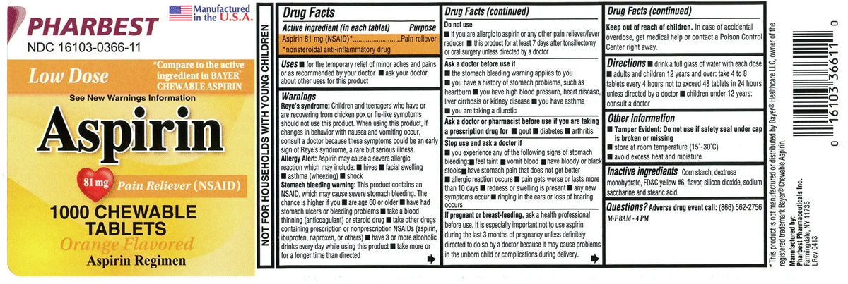 Pharbest Aspirin 81mg Chewable Orange Tablets 1000 Count Per Bottle PHARBESTBuy Supplements Australia