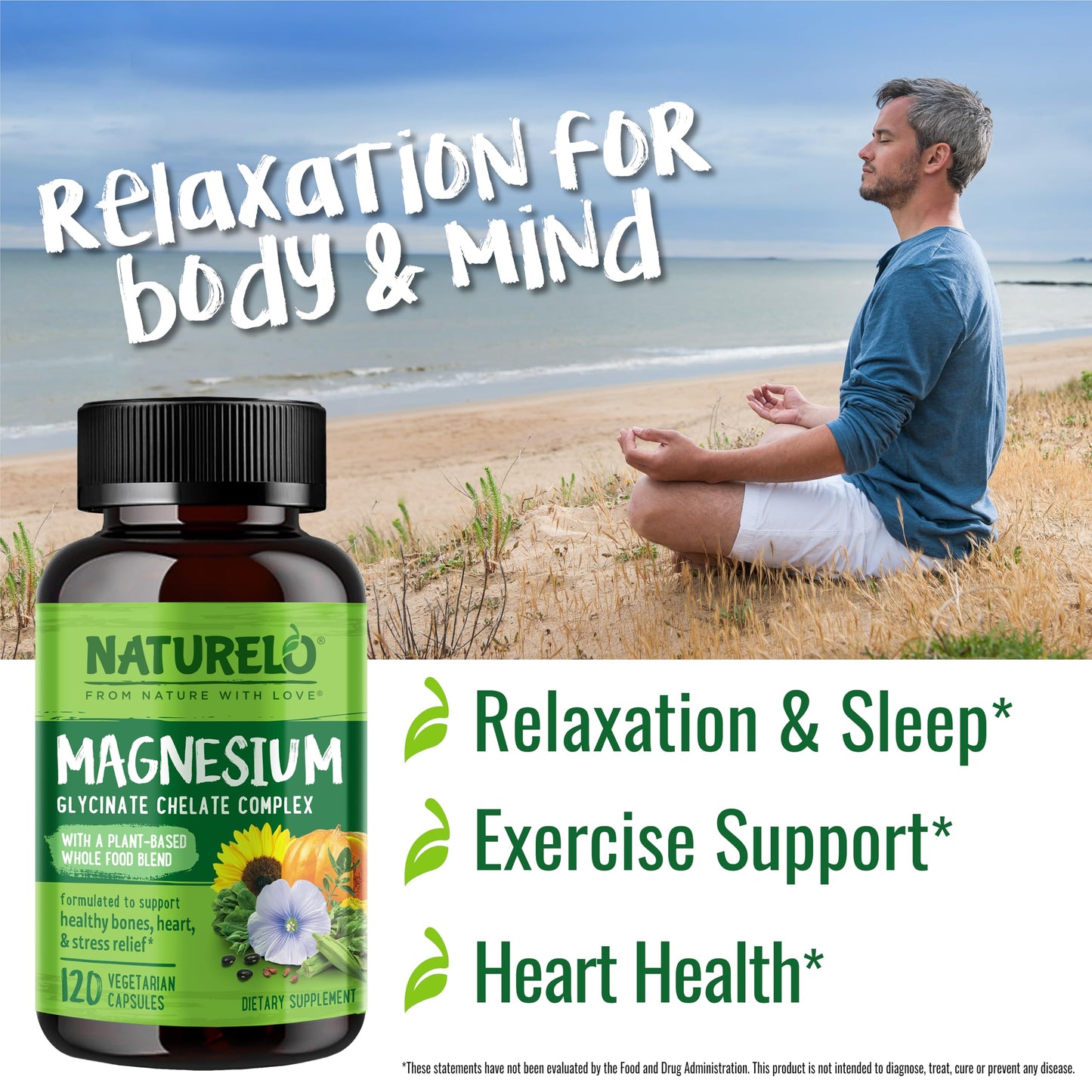 NATURELO Magnesium Glycinate Chelate Complex - 200 mg Magnesium with Organic Vegetables to Support Sleep, Calm, Muscle Cramp & Stress Relief