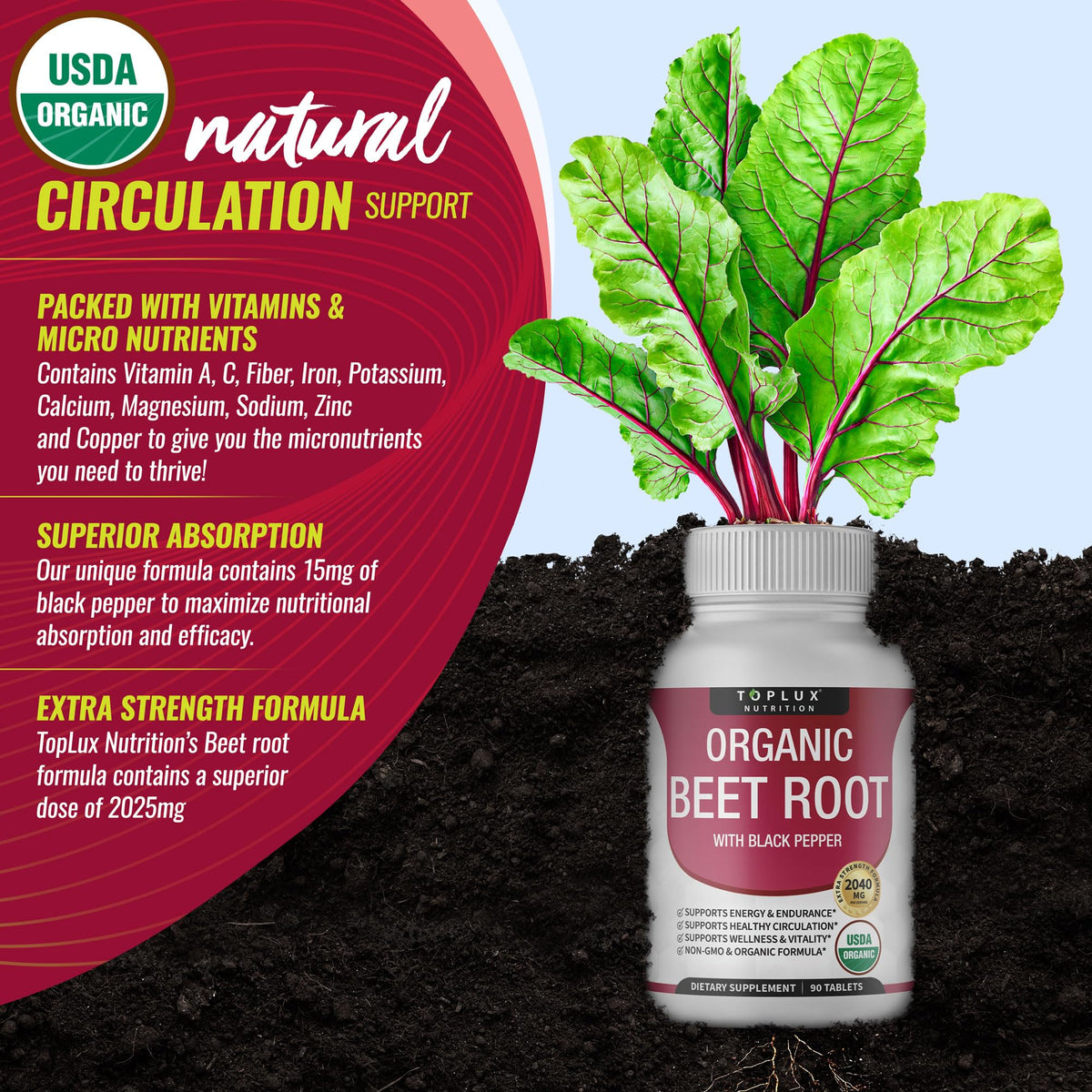 Toplux Organic Beet Root Powder Tablets - 2040mg Natural Nitric Oxide Beets to Support, Energy, Black Pepper Better Absorption, Non-GMO, for Men Women, 90 Tablets